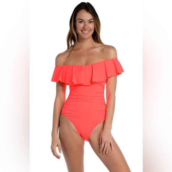 La Blanca Island Goddess Off Shoulder Ruffle One Piece Swimsuit Size 8 Coral NWT - Picture 2 of 5